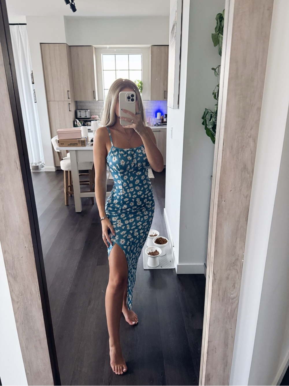 Blue Floral Spaghetti-Strap Maxi Dress with Side Slit (Size Small)
